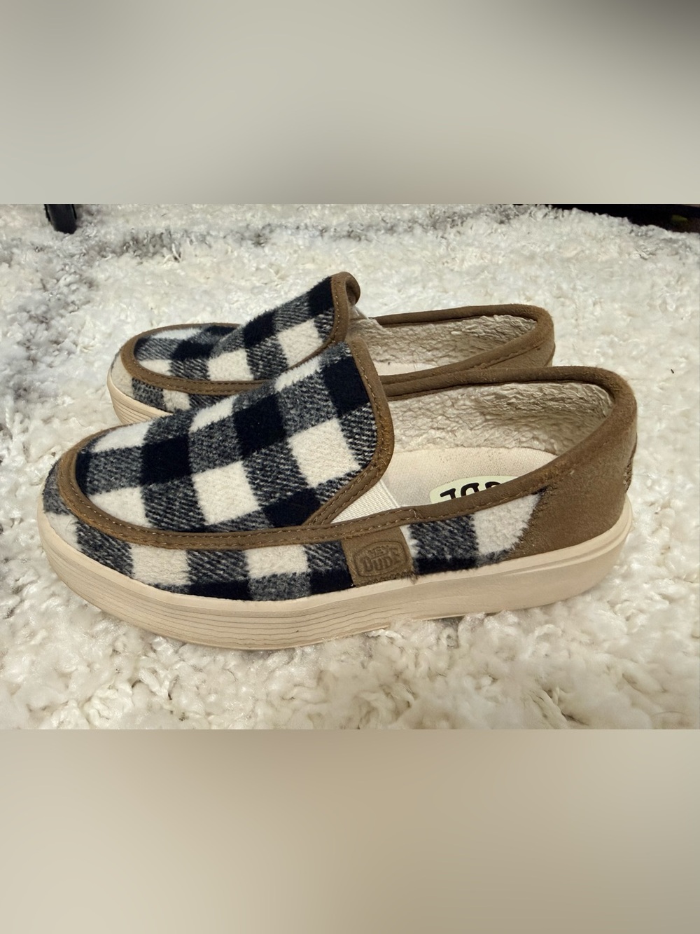 Hey Dude Women's Black and White Buffalo Plaid Slip-On Flats with Tan Trim